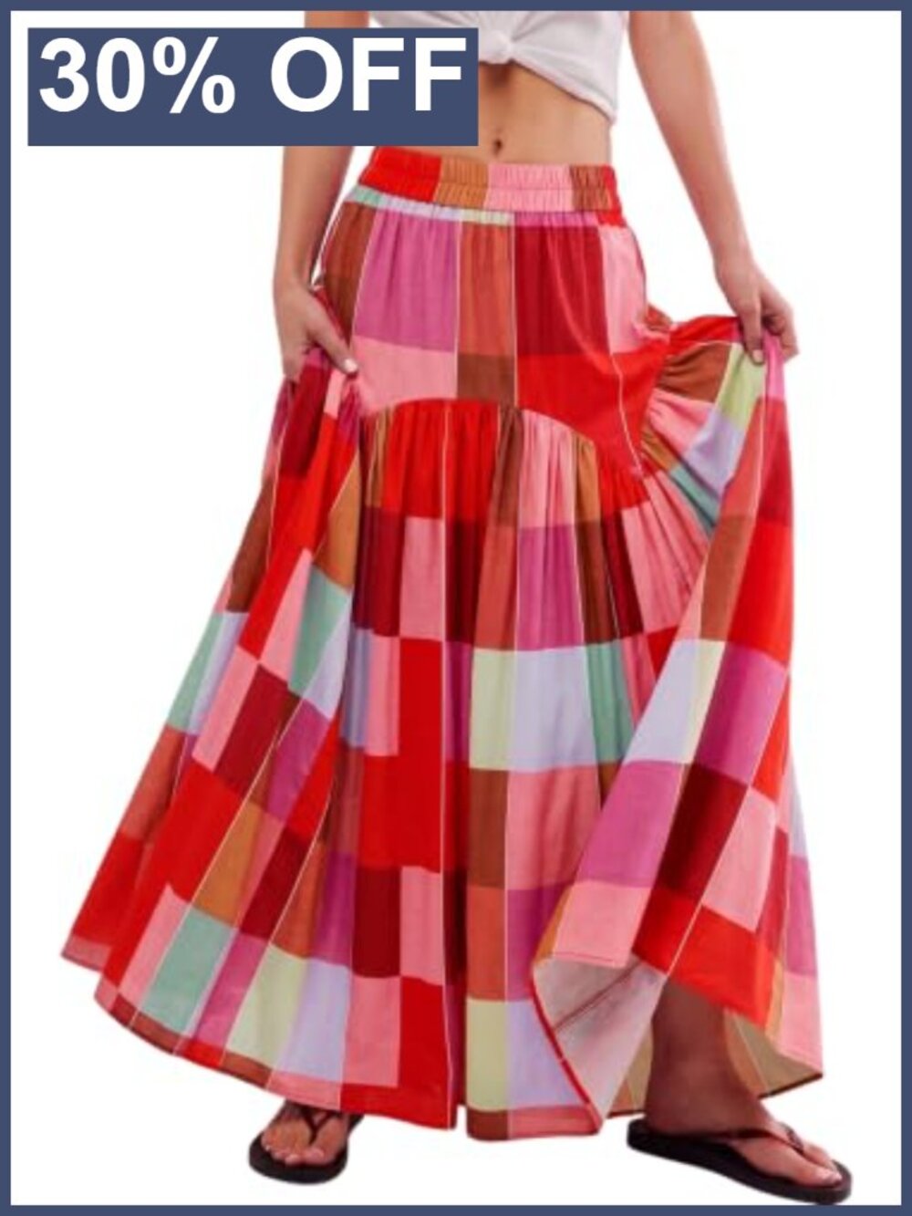 Women's Boho Ruch�d Plaid High Waist Floor Length Maxi Skirt